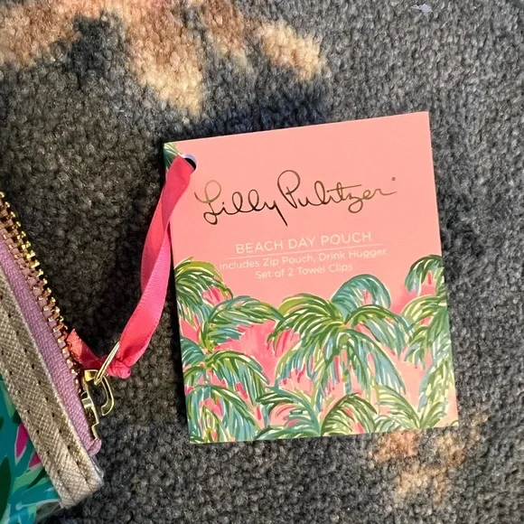 Lilly Pulitzer Pink and Green Palm Tree Suite View Beach Day Pouch and headband - Picture 2 of 6